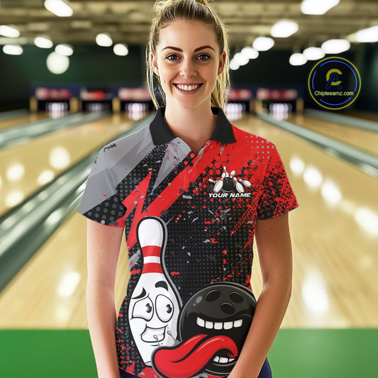 Custom Funny Bowling Polo Shirt For Women, Red Bowling Ball And Pin Bowling Jersey IPHW10257