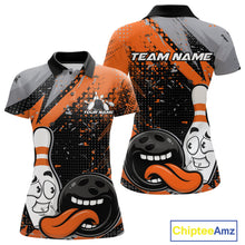 Load image into Gallery viewer, Custom Funny Bowling Polo Shirt For Women, Orange Bowling Ball And Pin Bowling Jersey IPHW10258