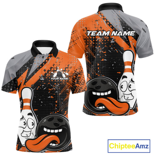 Custom Funny Bowling Polo Shirt For Men, Orange Bowling Ball And Pin Bowling Jersey IPHW10258