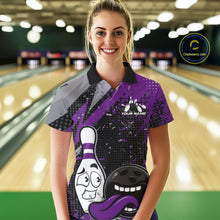 Load image into Gallery viewer, Custom Funny Bowling Polo Shirt For Women, Purple Bowling Ball And Pin Bowling Jersey IPHW10259