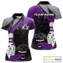 Load image into Gallery viewer, Custom Funny Bowling Polo Shirt For Women, Purple Bowling Ball And Pin Bowling Jersey IPHW10259