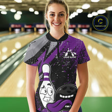 Load image into Gallery viewer, Custom Funny Bowling Women Quarter-Zip Shirt, Purple Bowling Ball And Pin Bowling Jersey IPHW10259