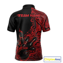 Load image into Gallery viewer, Custom Black And Red Orange Tribal Pattern Flame Bowling Team Shirts, Polynesian Bowling League Shirt IPHW10491