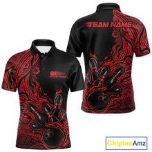 Load image into Gallery viewer, Custom Black And Red Orange Tribal Pattern Flame Bowling Team Shirts, Polynesian Bowling League Shirt IPHW10491