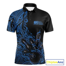 Load image into Gallery viewer, Custom Black And Blue Tribal Pattern Flame Bowling Team Shirts, Polynesian Bowling Ball Bowling League Shirt IPHW10492