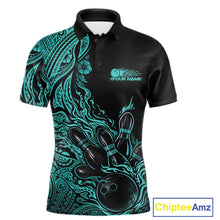 Load image into Gallery viewer, Custom Black And Turquoise Blue Tribal Flame Bowling Team Shirts, Polynesian Bowling Ball Bowling League Shirt IPHW10493