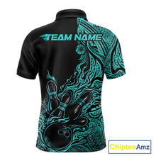 Load image into Gallery viewer, Custom Black And Turquoise Blue Tribal Flame Bowling Team Shirts, Polynesian Bowling Ball Bowling League Shirt IPHW10493