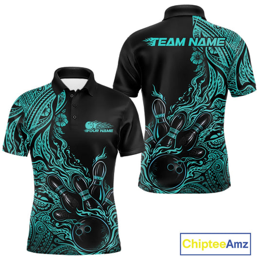Custom Black And Turquoise Blue Tribal Flame Bowling Team Shirts, Polynesian Bowling Ball Bowling League Shirt IPHW10493