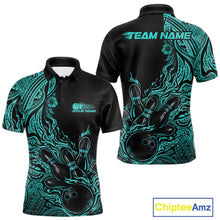 Load image into Gallery viewer, Custom Black And Turquoise Blue Tribal Flame Bowling Team Shirts, Polynesian Bowling Ball Bowling League Shirt IPHW10493