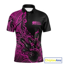 Load image into Gallery viewer, Custom Black And Pink Tribal Pattern Flame Bowling Team Shirts, Polynesian Bowling Ball Bowling League Shirt IPHW10494