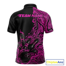 Load image into Gallery viewer, Custom Black And Pink Tribal Pattern Flame Bowling Team Shirts, Polynesian Bowling Ball Bowling League Shirt IPHW10494