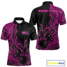 Load image into Gallery viewer, Custom Black And Pink Tribal Pattern Flame Bowling Team Shirts, Polynesian Bowling Ball Bowling League Shirt IPHW10494