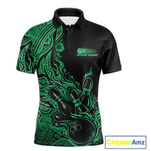 Load image into Gallery viewer, Custom Black And Green Tribal Pattern Flame Bowling Team Shirts, Polynesian Bowling Ball Bowling League Shirt IPHW10495