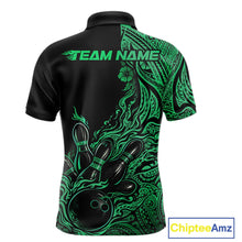 Load image into Gallery viewer, Custom Black And Green Tribal Pattern Flame Bowling Team Shirts, Polynesian Bowling Ball Bowling League Shirt IPHW10495