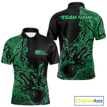 Load image into Gallery viewer, Custom Black And Green Tribal Pattern Flame Bowling Team Shirts, Polynesian Bowling Ball Bowling League Shirt IPHW10495