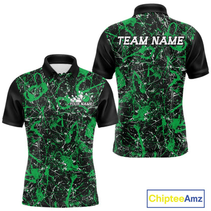 Front and back views of a black polo shirt with jade green paint-splatter graphics, personalized with â€œYour Nameâ€ on the chest and â€œTeam Nameâ€ across the back.
