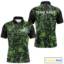 Load image into Gallery viewer, Front and back views of a black polo shirt with mid green paint-splatter graphics, personalized with â€œYour Nameâ€ on the chest and â€œTeam Nameâ€ across the back.
