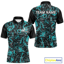 Load image into Gallery viewer, Front and back views of a black polo shirt with teal paint-splatter graphics, personalized with â€œYour Nameâ€ on the chest and â€œTeam Nameâ€ across the back.
