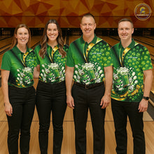 Load image into Gallery viewer, Custom Funny St Patricks Party Beer Bowling Team Shirts, Green Shamrock And Gold Coin Bowling Jerseys IPHW10523
