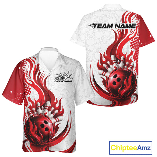 A short-sleeve button-up bowling shirt shown from both front and back on a white background. The shirt features a bold red and white flame graphic wrapping around a red bowling ball and bowling pins, with customizable text placeholders on the chest and back.