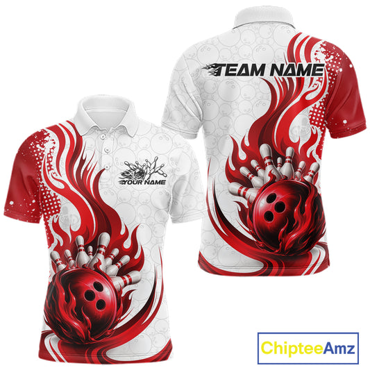 Front and back views of a short-sleeve polo shirt with a red and white bowling-themed flame graphic, featuring a large red bowling ball and pins design on the lower front and back, plus customizable text placeholders.