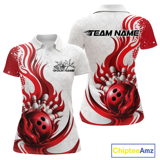 A custom short-sleeve polo shirt shown from both front and back views. The shirt features a white base with a bold red and black graphic design depicting a bowling ball, bowling pins, and flame-like swirls.