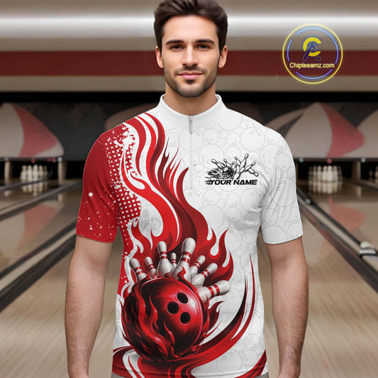 A man wearing a short-sleeve bowling-themed cycling jersey with a red and white flame design and a bowling ball graphic, standing in front of a blurred bowling alley background. 