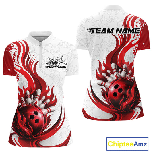 Front and back views of a short-sleeve quarter-zip shirt with a red and white bowling-themed flame graphic, featuring a bowling ball and pins design, customizable text areas