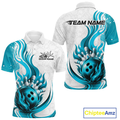 Custom Blue Flame Bowling Team Men Polo Shirt, Bowling Ball Pattern Bowling Jerseys IPHW11650