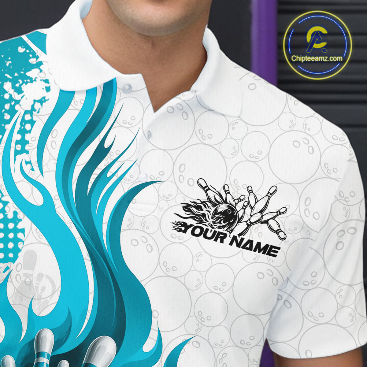 Custom Blue Flame Bowling Team Men Polo Shirt, Bowling Ball Pattern Bowling Jerseys IPHW11650
