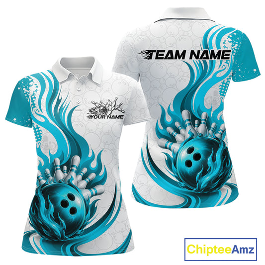 Front and back views of a white short-sleeve polo shirt with a bold blue and teal bowling-themed flame graphic, including bowling balls and pins, plus customizable text placeholders on the chest and back.