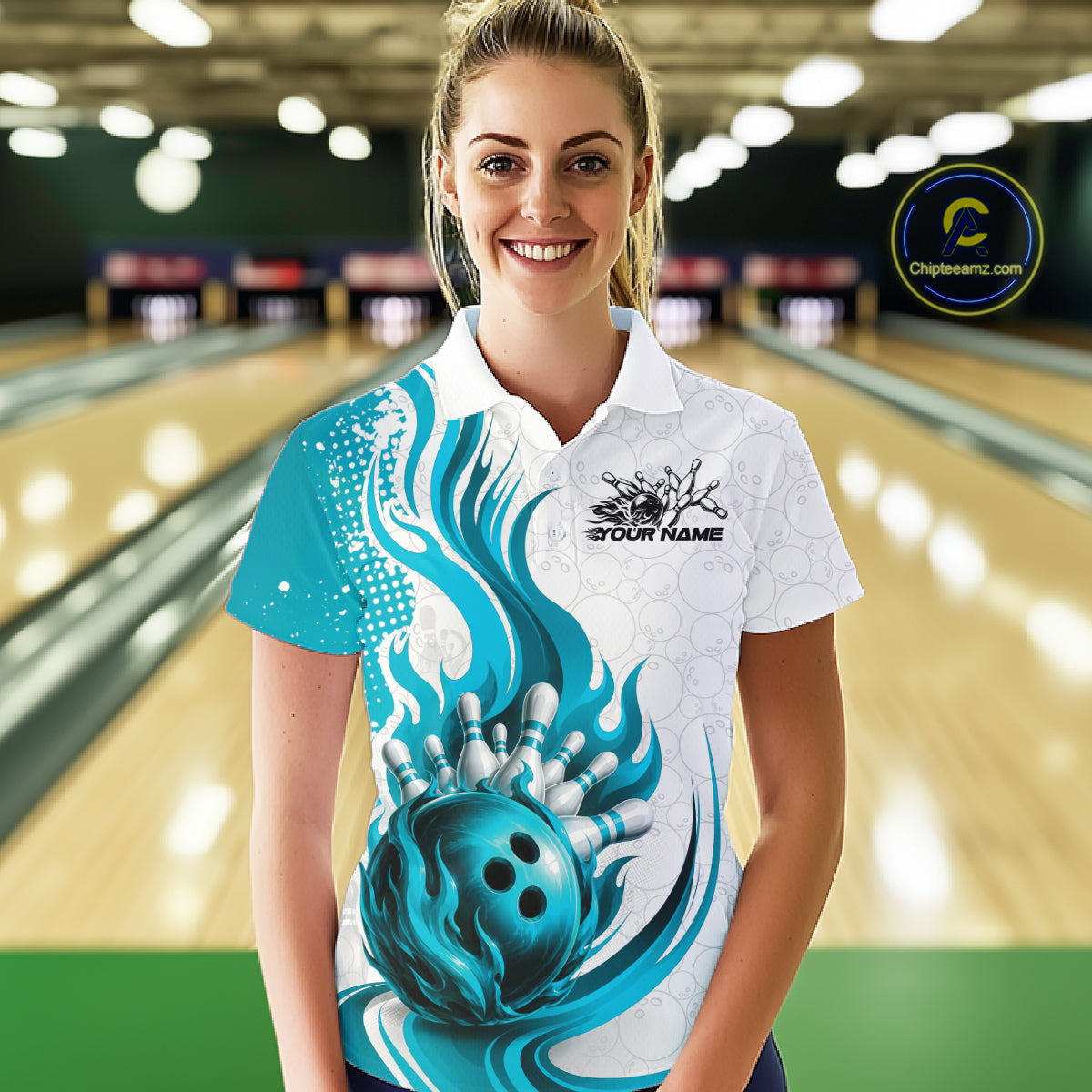 Custom Blue Flame Bowling Team Women Polo Shirt, Bowling Ball Pattern Bowling Jerseys IPHW11650