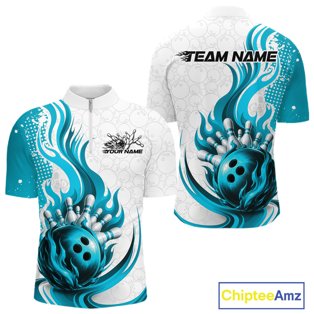 Custom Blue Flame Bowling Team Men Quarter Zip Shirt, Bowling Ball Pattern Bowling Jerseys IPHW11650