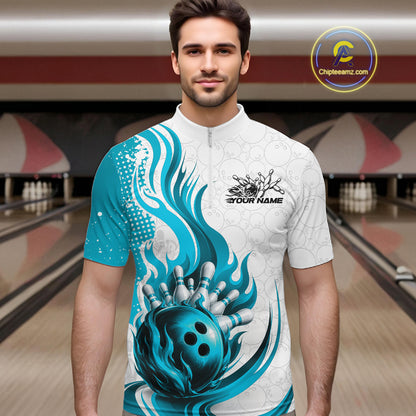 Custom Blue Flame Bowling Team Men Quarter Zip Shirt, Bowling Ball Pattern Bowling Jerseys IPHW11650