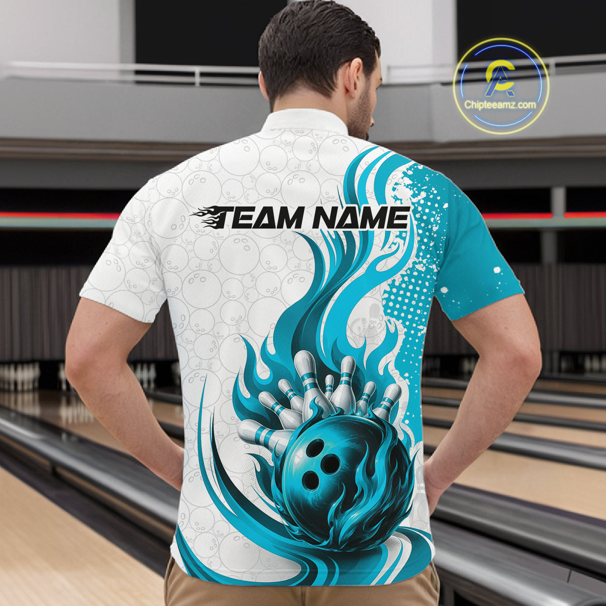 Custom Blue Flame Bowling Team Men Quarter Zip Shirt, Bowling Ball Pattern Bowling Jerseys IPHW11650