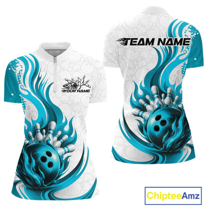 Custom Blue Flame Bowling Women Quarter-Zip Shirt, Bowling Ball Pattern Bowling Jerseys IPHW11650