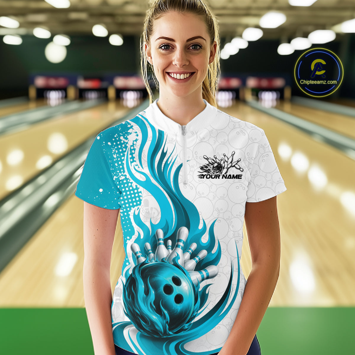 Custom Blue Flame Bowling Women Quarter-Zip Shirt, Bowling Ball Pattern Bowling Jerseys IPHW11650