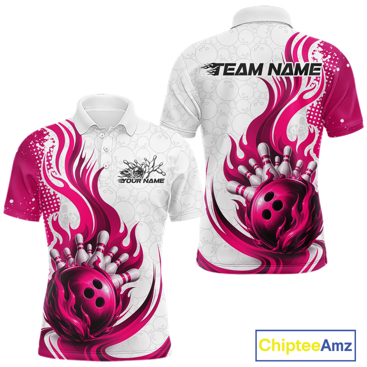 Custom Pink Flame Bowling Team Men Polo Shirt, Bowling Ball Pattern Bowling Jerseys IPHW11651