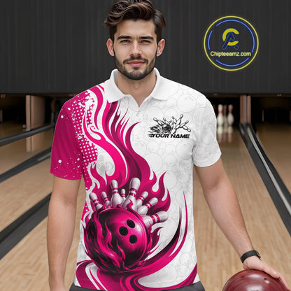 Custom Pink Flame Bowling Team Men Polo Shirt, Bowling Ball Pattern Bowling Jerseys IPHW11651
