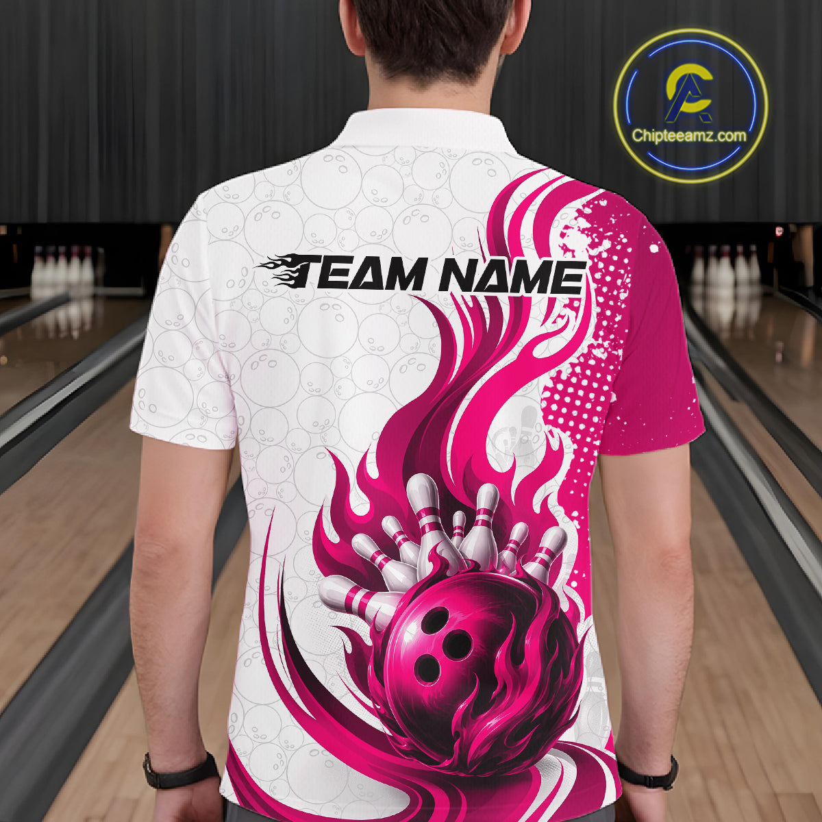 Custom Pink Flame Bowling Team Men Polo Shirt, Bowling Ball Pattern Bowling Jerseys IPHW11651