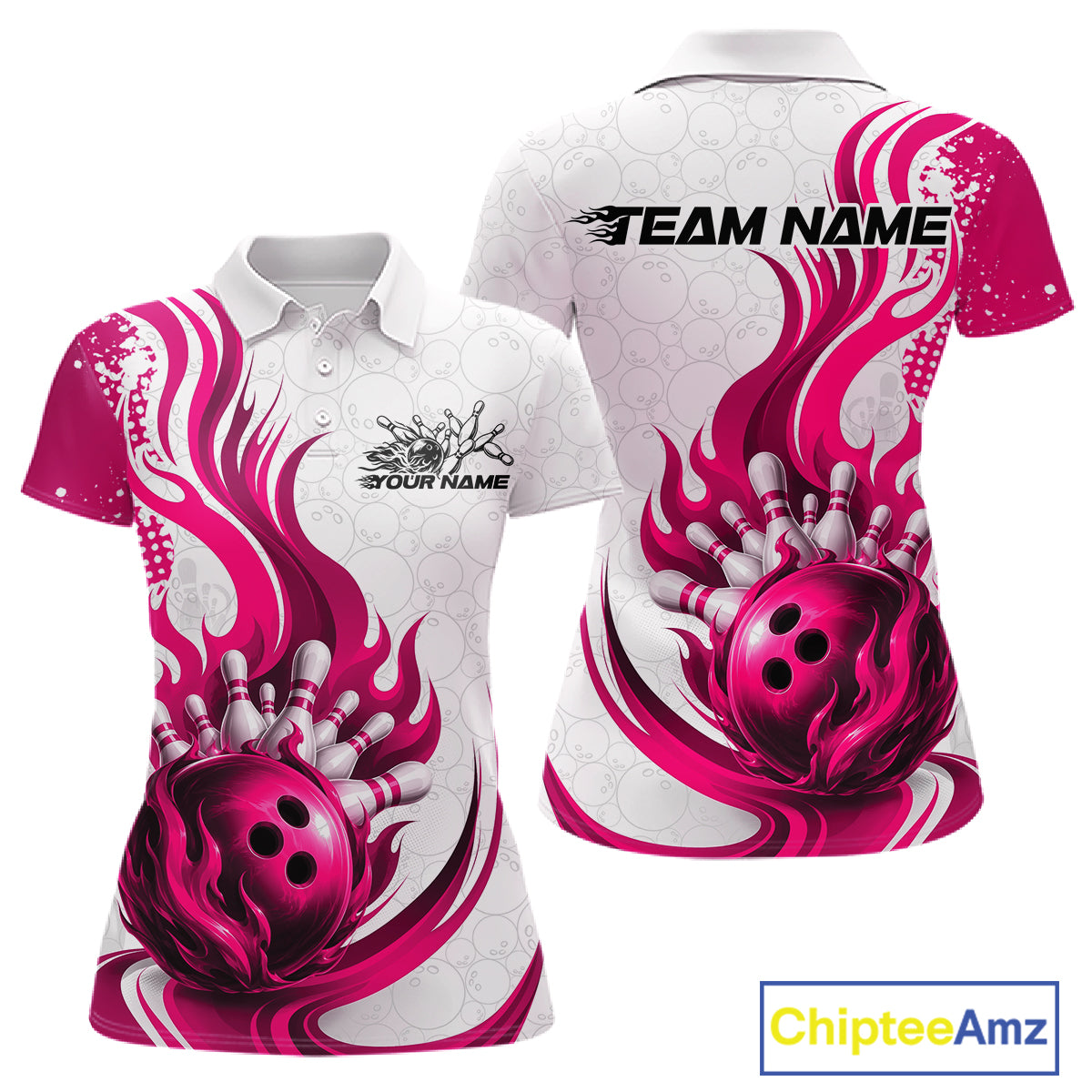 Custom Pink Flame Bowling Team Women Polo Shirt, Bowling Ball Pattern Bowling Jerseys IPHW11651