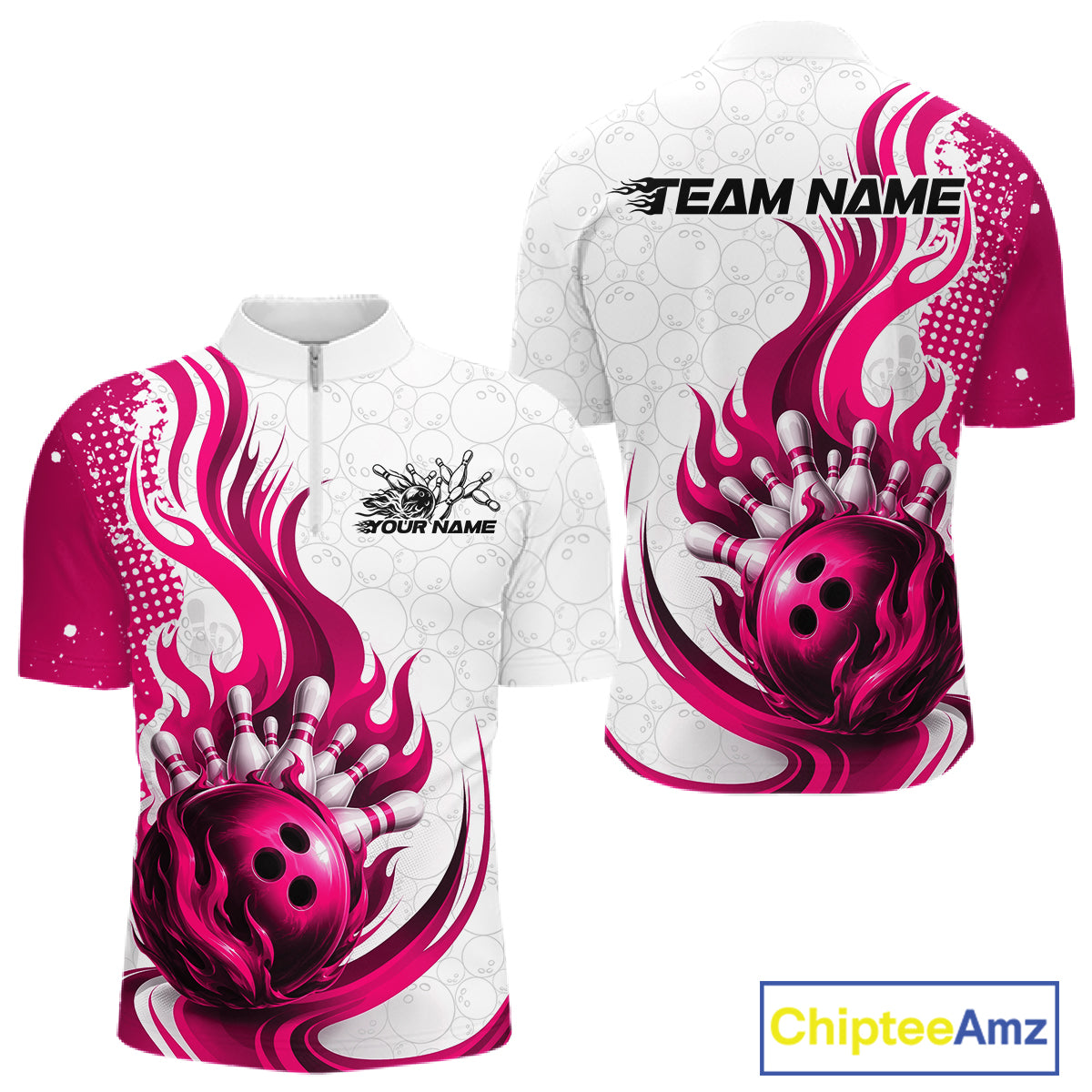 Custom Pink Flame Bowling Team Men Quarter Zip Shirt, Bowling Ball Pattern Bowling Jerseys IPHW11651