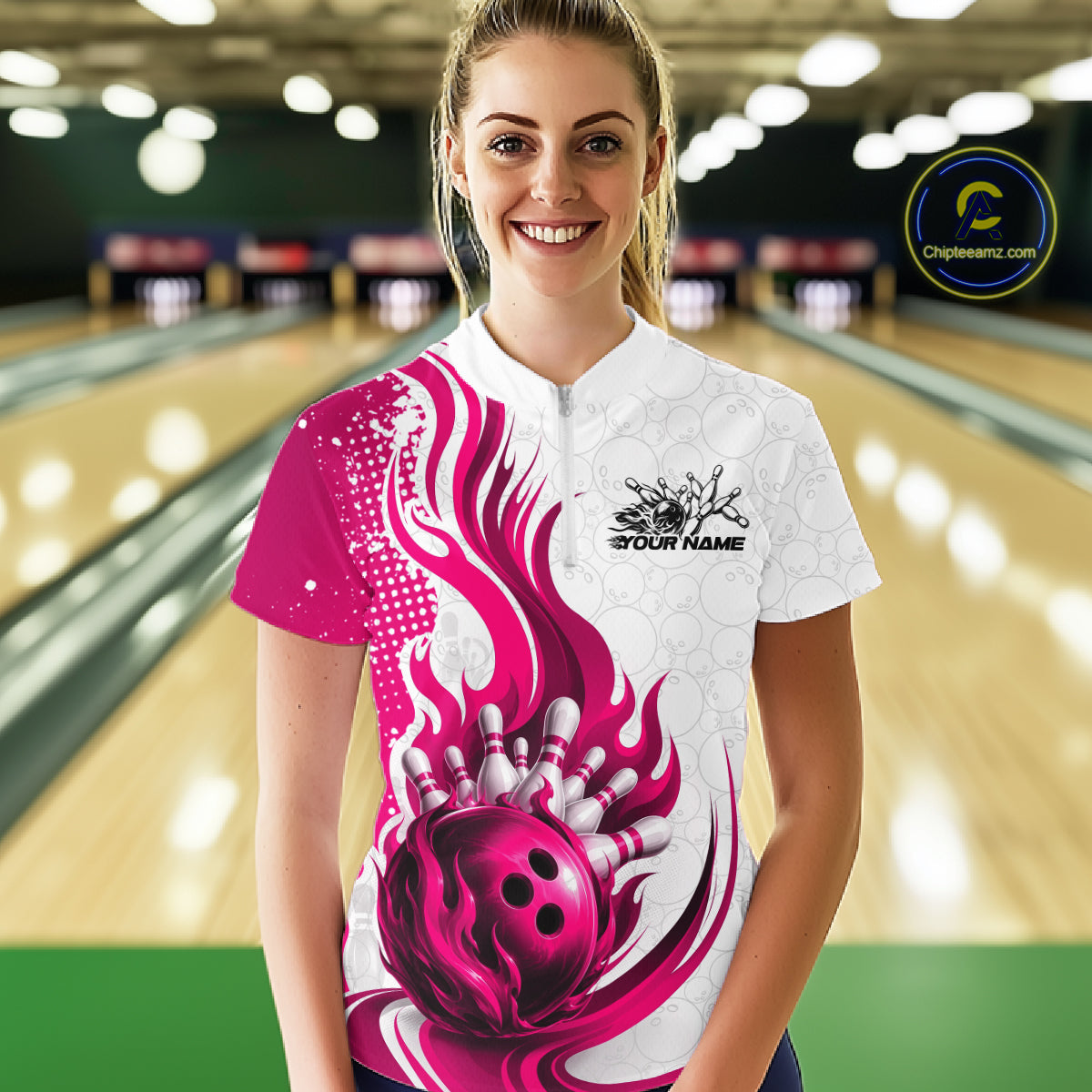 Custom Pink Flame Bowling Women Quarter-Zip Shirt, Bowling Ball Pattern Bowling Jerseys IPHW11651