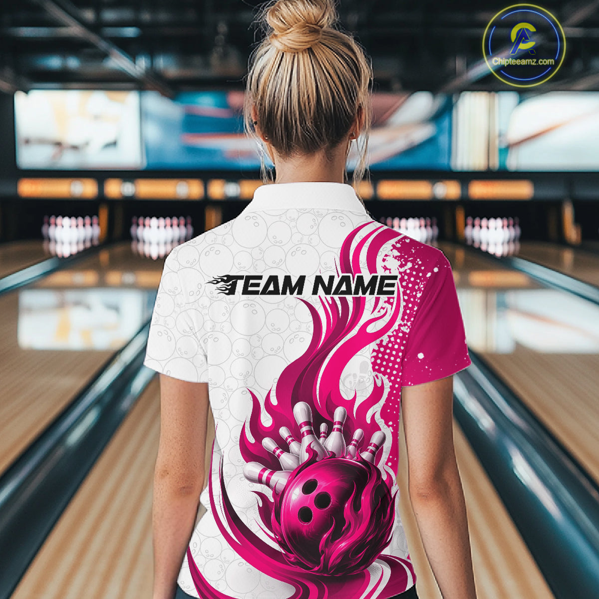 Custom Pink Flame Bowling Women Quarter-Zip Shirt, Bowling Ball Pattern Bowling Jerseys IPHW11651