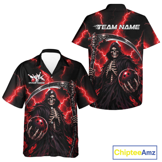 Custom short-sleeve button-up shirt shown from the front and back, featuring a black background with a red and gray grim reaper graphic, lightning effects, and customizable text areas including 'TEAM NAME' and 'YOUR NAME'.