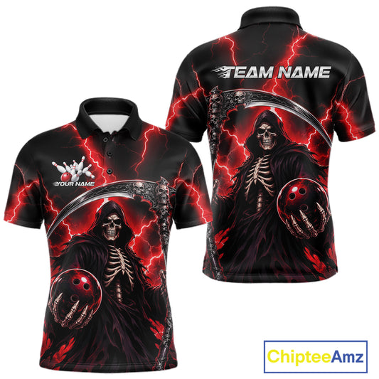 Black short-sleeve polo shirt with a Grim Reaper bowling graphic, shown in front and back views. Features red lightning, a large scythe, a bowling ball with red bowling pins, customizable text on the chest, and 'TEAM NAME' on the back.