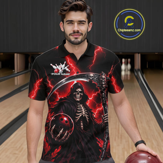 A man wearing a black short-sleeve bowling shirt with a red and black grim reaper graphic, standing in a bowling alley. The shirt features a skeleton reaper, red lightning, and a bowling ball graphic.