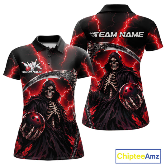 A custom printed womens short-sleeve polo shirt shown from the front and back, featuring a grim reaper with a bowling ball, red lightning, and a large scythe on a black background. The front has a collar, buttons, and a white logo placeholder, while the back has 'TEAM NAME' printed in white.