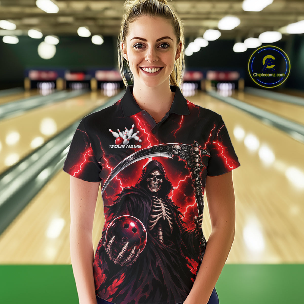 Custom Red Thunder Lightning Grim Reaper Skull Bowling Women Polo Shirts, Halloween Outfit IPHW11658