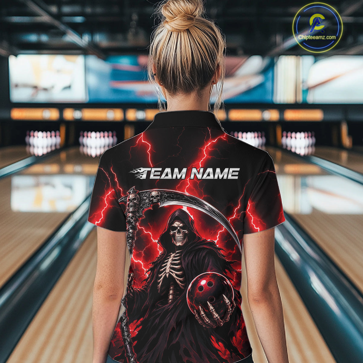 Custom Red Thunder Lightning Grim Reaper Skull Bowling Women Polo Shirts, Halloween Outfit IPHW11658